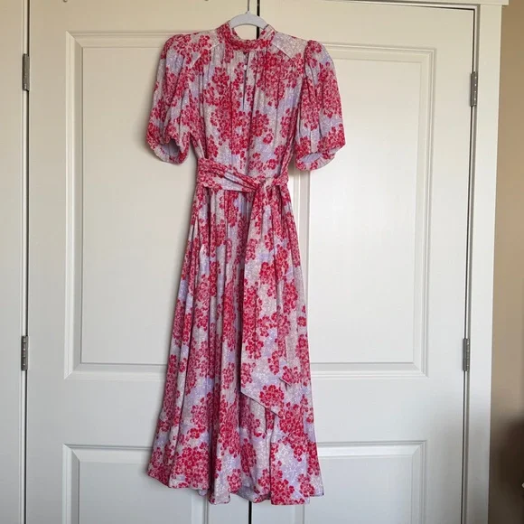 ME+EM 2 Layered Violets Print Midi Dress EUC Belt Lined Floral Fit Flare - Picture 8 of 16